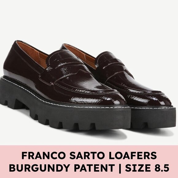 Franco Sarto Balin Lug Sole Penny Loafers Burgundy Patent Chunky Chic W 8.5 - Picture 1 of 10